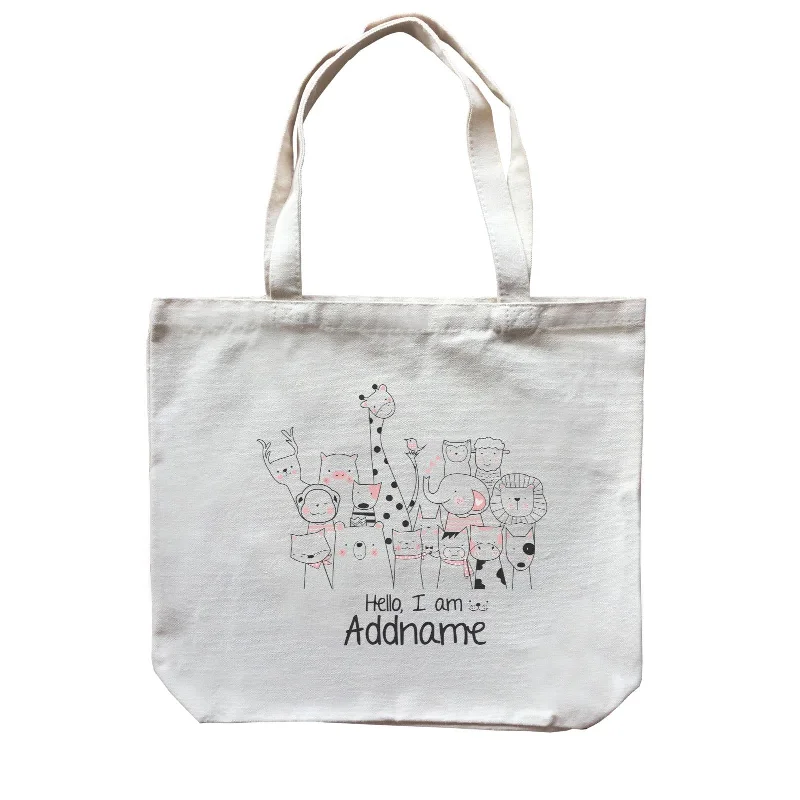 Foldable Canvas Shopping Bag for Easy Storage in Your CarCute Animals And Friends Series Animal Group Hello I Am Addname Canvas Bag