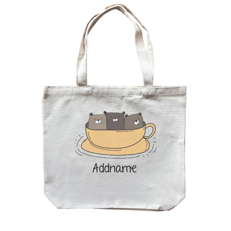 Boho - Style Embroidered Canvas Handbag for Summer FestivalsCute Animals And Friends Series Hello Bear Coffee Cup Group Addname Canvas Bag