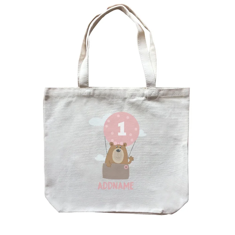 Canvas Beach Bag with Mesh Pockets for Sand - Free DryingCute Bear Girl with Hot Air Balloon Birthday Theme Personalizable with Name and Number Canvas Bag