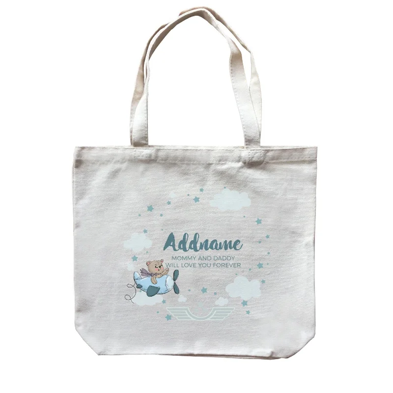 Foldable Canvas Shopping Bag for Easy Storage in Your CarCute Bear Pilot in Blue Plane Clouds and Stars Element Personalizable with Name and Text Canvas Bag