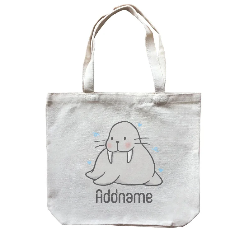 Customizable Canvas Tote Bag for Brand PromotionCute Hand Drawn Style Walrus Addname Canvas Bag