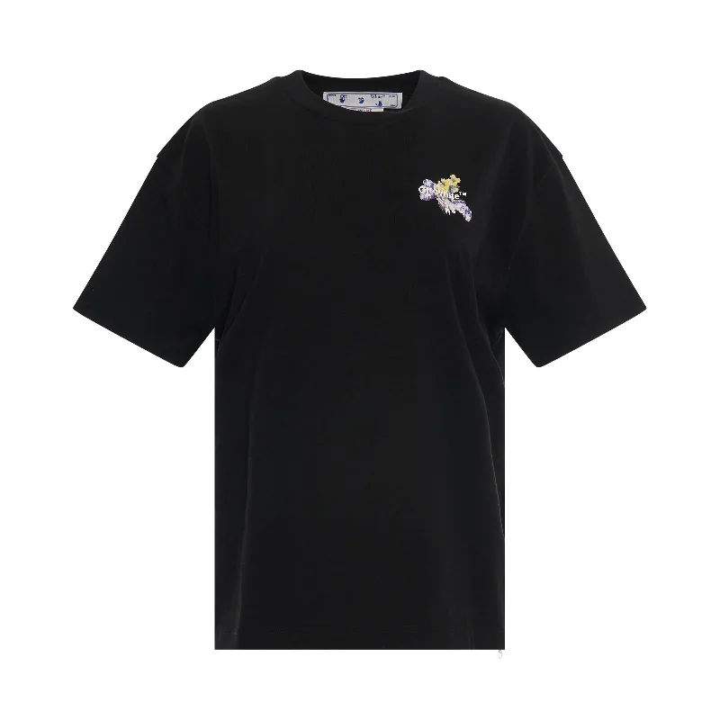 Embroidered Flower Arrow Casual T-Shirt in Black/Multicolour