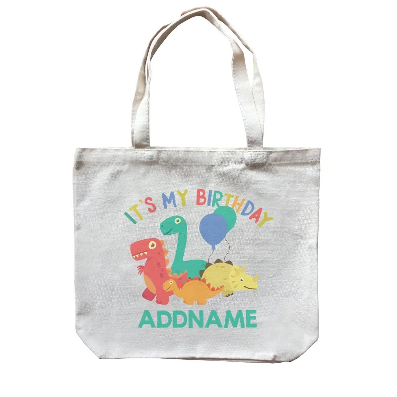 Canvas Bag with Leather Trim for a Stylish and Durable LookIt's My Birthday Addname with Cute Dinosaurs and Balloons Birthday Theme Canvas Bag