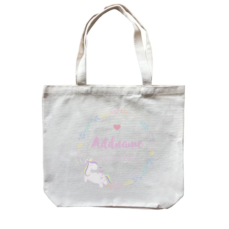 Plus - Size Canvas Tote Bag for Carrying Large ItemsPastel Colours Leaf Wreath with Unicorn Personalizable with Name and Text Canvas Bag