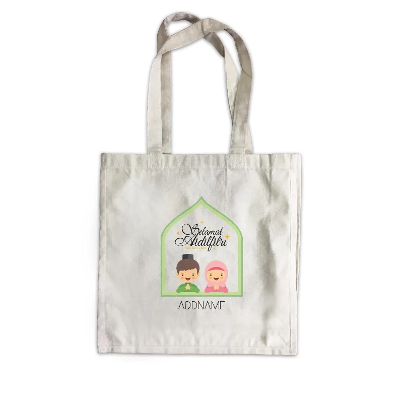 Large Capacity Canvas Tote Bag for Grocery Shopping with Reinforced HandlesSelamat Aidilfitri Lady N Man Canvas Bag Raya Personalizable Designs Sweet Character