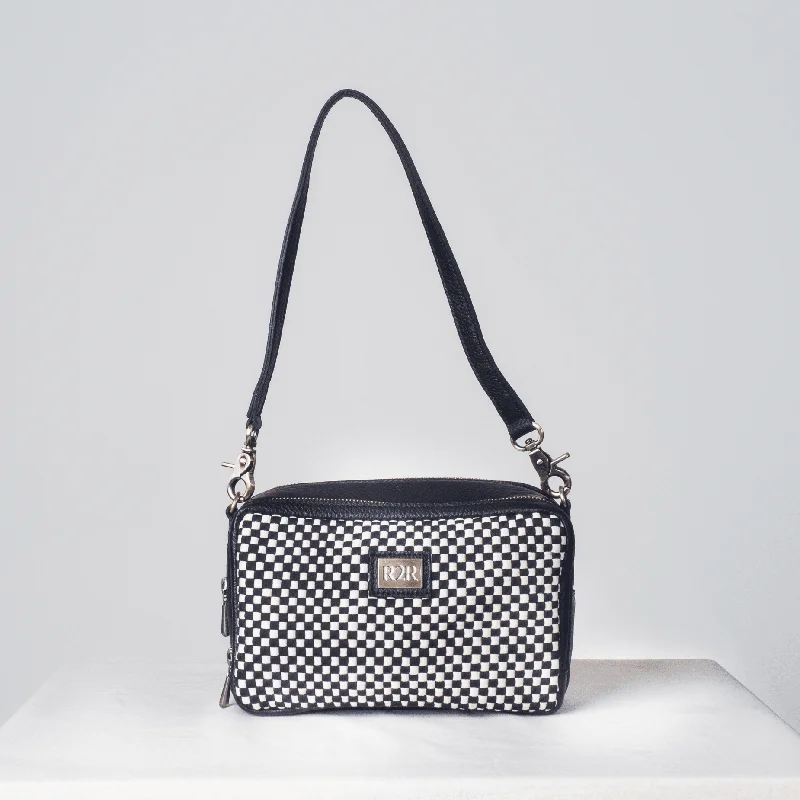 Leather Shoulder Bag with Magnetic Closure in Black for Quick AccessBento Plus Checkerboard Black & Beige