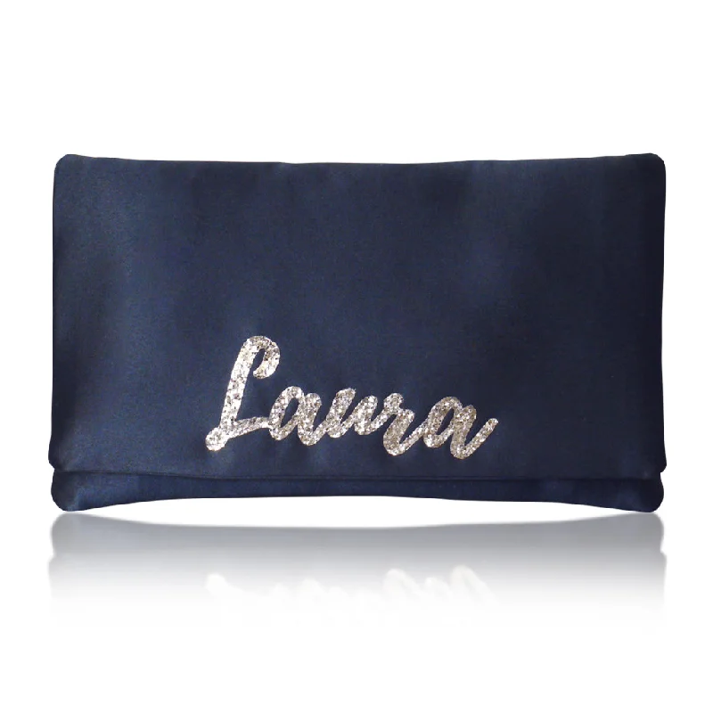 Floral - Printed Satin Clutch in Pink for Spring GalasNavy satin personalised name clutch