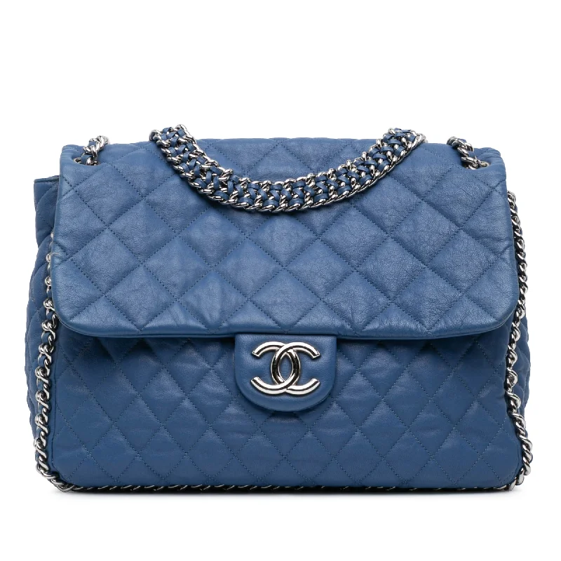 Embroidered Denim Shoulder Bag in Blue for a Vintage VibeBlue Chanel Maxi Washed Lambskin Chain Around Flap Shoulder Bag