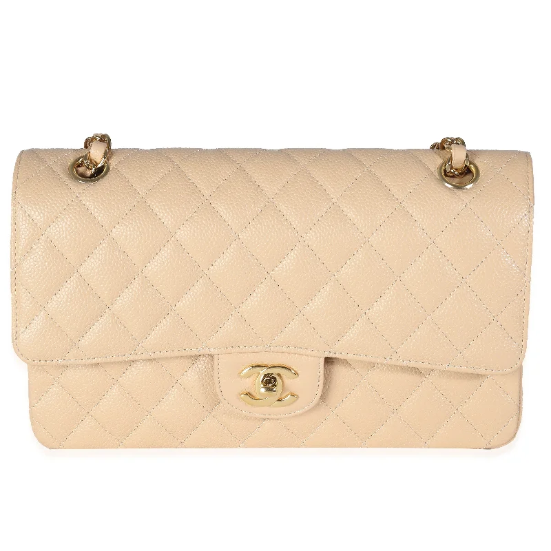 Shoulder Bag with Chain Strap in Silver for a Trendy AppearanceChanel Beige Quilted Caviar Medium Classic Double Flap Bag