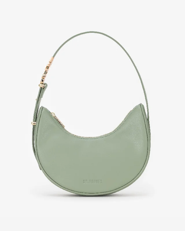 Crossbody Shoulder Bag in Black Leather with Gold Hardware for Night OutsPre-order (Late February): Crescent Shoulder Bag in Sage with Personalised Hardware