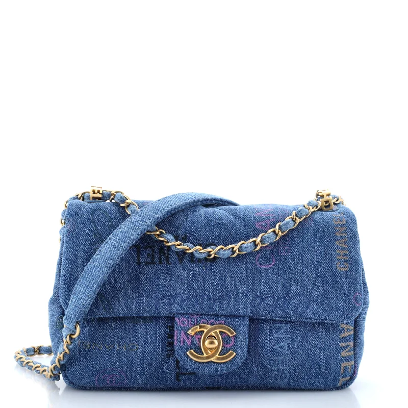 Women's Crossbody Bag with Chain Strap in Gold for a Glamorous TouchDenim Mood Flap Bag Logo Printed Quilted Denim Small