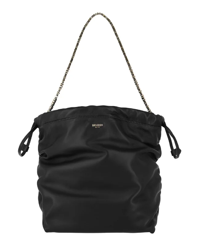 Leather Shoulder Bag with Magnetic Closure in Black for Quick AccessDrawstring Lettering Chain Shoulder Bag