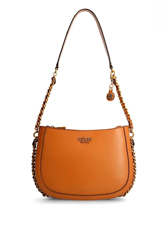 Suede Shoulder Bag in Pink with Tassel Accents for Casual OutingsGuess Abey Smooth Finish Chain Side Shoulder Bag, Cognac