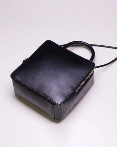 Leather - Trimmed Denim Crossbody Bag in Blue for a Vintage - Inspired LookHandmade Leather Cube bag shoulder bag black for women leather crossbody bag