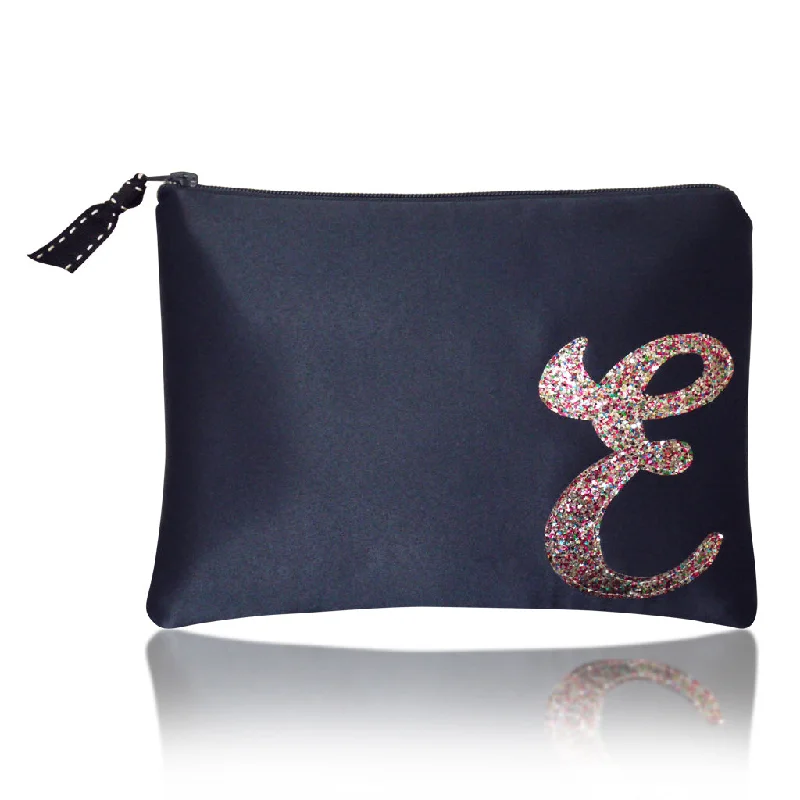 Women's Embroidered Silk Evening Bag in Navy for WeddingsNavy satin zip top personalised initial clutch