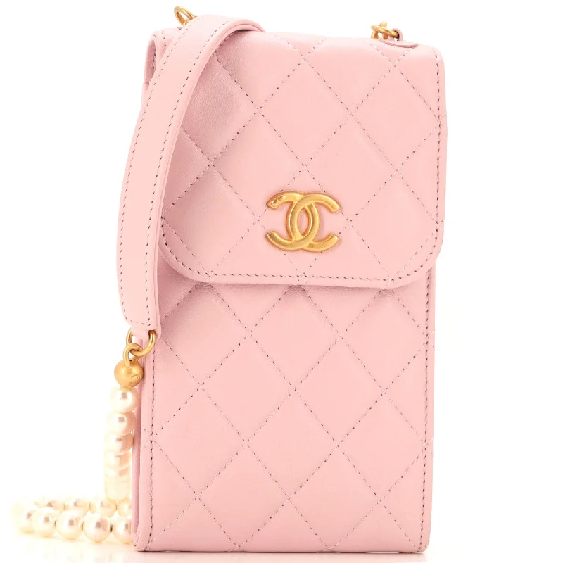 Women's Crossbody Bag with Chain Strap in Gold for a Glamorous TouchPearl Strap Phone Holder Crossbody Bag Quilted Lambskin