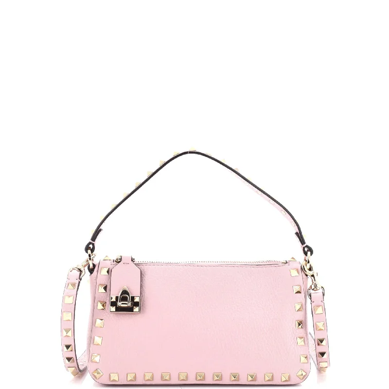 Women's Mini Crossbody Bag in Pink Velvet with Rhinestone Accents for Girls' Nights OutRockstud Flip Lock Zipped Handle Crossbody Bag Grainy Leather Small