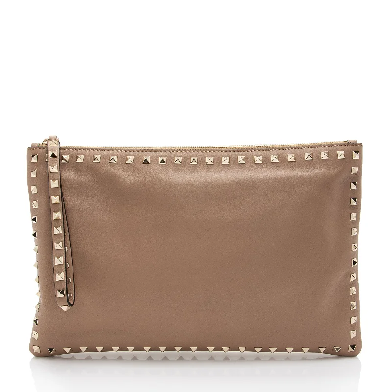 Women's Monogrammed Leather Clutch in Tan for Personalized StyleValentino Leather Rockstud Large Clutch