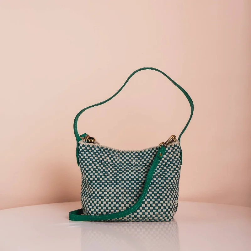 Straw Crossbody Bag in Natural Color for Beach Vacations and Summer DaysBuslo Micro Checkerboard Emerald & Sage with Longer Handles