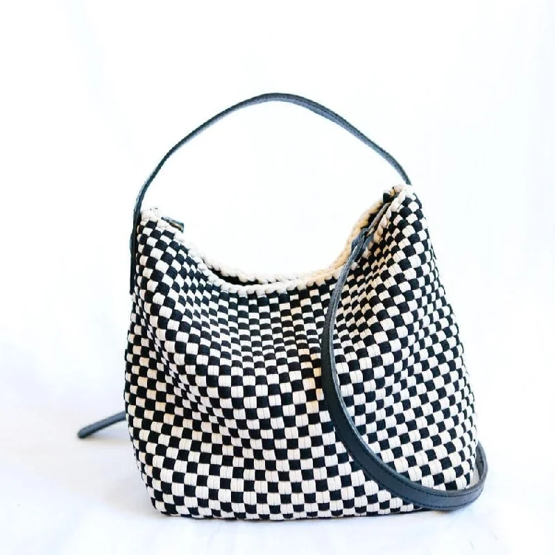 Straw Crossbody Bag in Natural Color for Beach Vacations and Summer DaysBuslo Mini Checkerboard Black & Beige