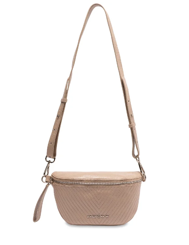 Straw Crossbody Bag in Natural Color for Beach Vacations and Summer DaysMocha Chevron Leather Bum Bag- Beige